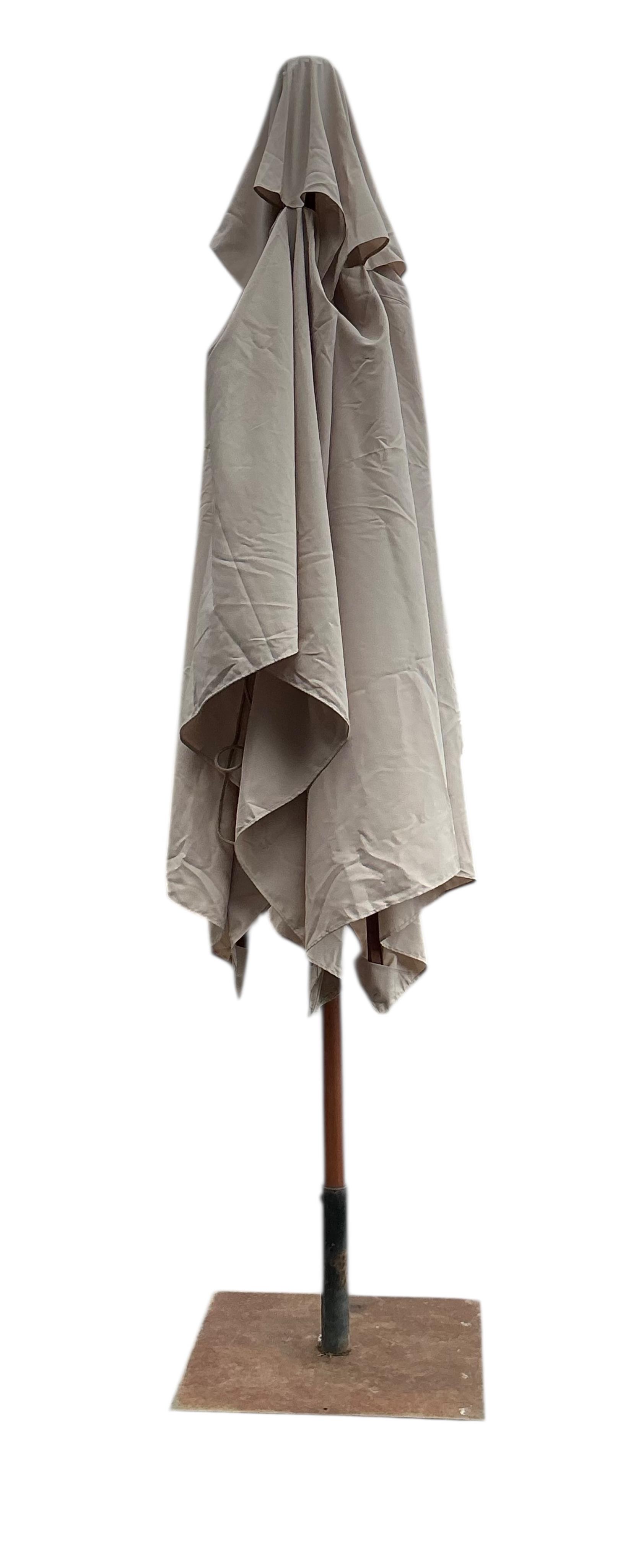 A modern cream canvas rectangular garden parasol with base, 200 x 300cm